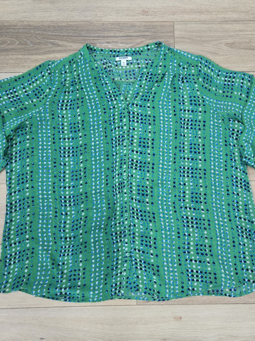 Old Navy Green Navy White Polka Dot Printed V-Neck Button Blouse Womens 4x Sheer